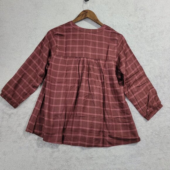 NEW Wrangler Womens XS Plaid V-Neck Button-Front Sleeves Burgundy Lightweight - Picture 4 of 9
